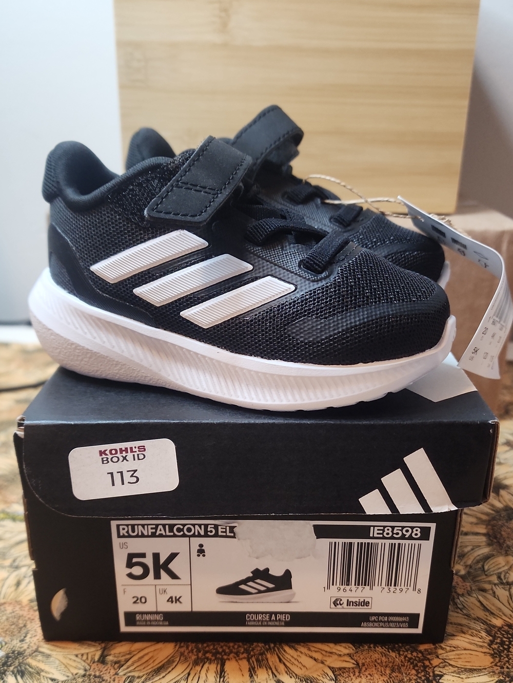 adidas Kids Black and White Runfalcon 5 EL Hook-and-Loop Sneakers